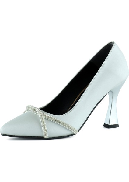 Abby Gümüş Saten Burma Taşlı Sivri Burun Kadeh Topuklu Abiye Ayakkabı
