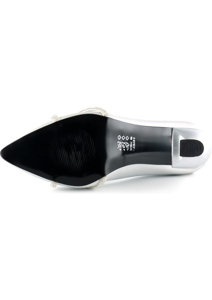 Abby Gümüş Saten Burma Taşlı Sivri Burun Kadeh Topuklu Abiye Ayakkabı