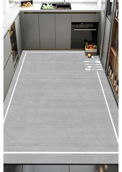 Dijital Kaymaz Yıkanabilir Modern Çerçeveli Kıtchen Mutfak Halısı Gri Mutfak Halısı DC-5055