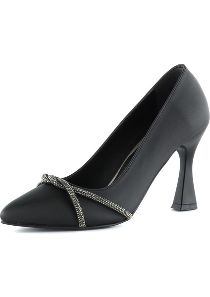 Abby Siyah Saten Burma Taşlı Sivri Burun Kadeh Topuklu Abiye Ayakkabı