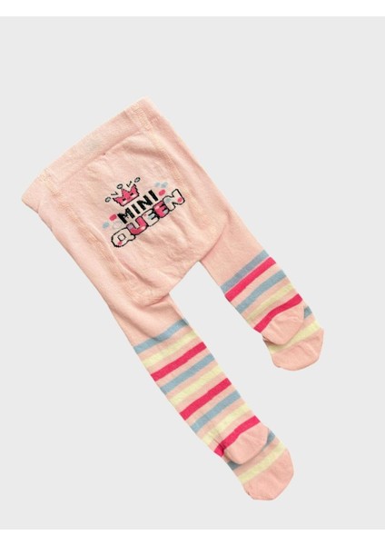 Kız Çocuk Pamuklu Yıkanmış Poposu Mini Queen Taç Desenli Çizgili Külotlu Çorap