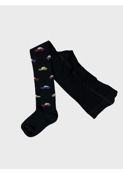 Erkek Çocuk Pamuklu Yıkanmış Siyah Araba Desenli Külotlu Çorap