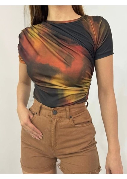 Bel Omuz Büzgülü Batik Baskı Sendy Bluz -Kiremit