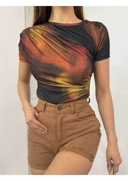 Bel Omuz Büzgülü Batik Baskı Sendy Bluz -Kiremit modelleri