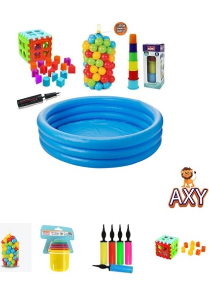Mavi Şişme Bebek Oyuncak Seti, Havuz Top, Mini Kule ve Pompa Ile Eğlence