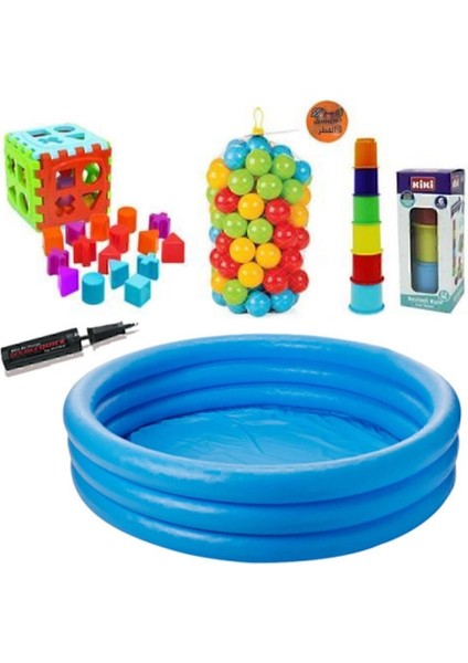 Mavi Şişme Bebek Oyuncak Seti, Havuz Top, Mini Kule ve Pompa Ile Eğlence