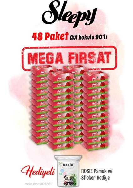90'lı Gül Kokulu Islak Bebek Havlusu Mega 48 Paket ve Rosie Hediye