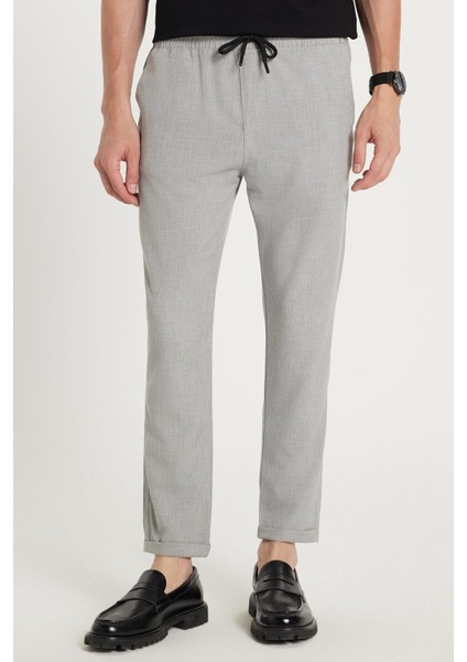 Erkek Slim Fit Dar Kesim Pamuklu Lastikli Beli Bağcıklı Gri Pantolon