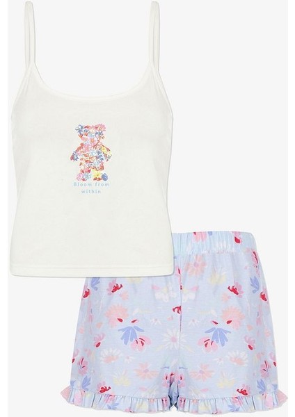 Kadın Pamuklu Mavi Çiçekli Ayıcıklı Baskılı Şortlu Pijama Takımı