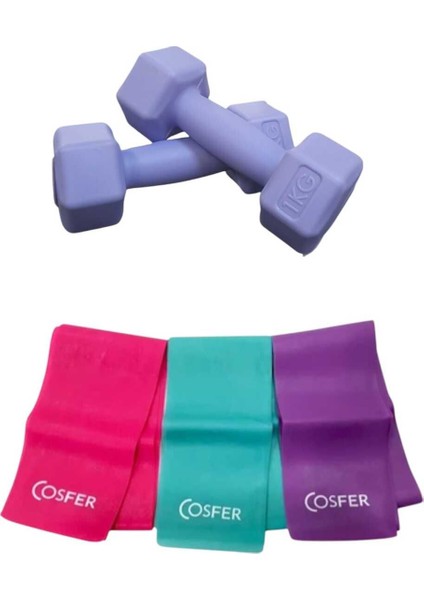 Çift Dambıl 1 kg ve Renkli Direnç Bandı Seti, Spor ve Egzersiz Için Ideal