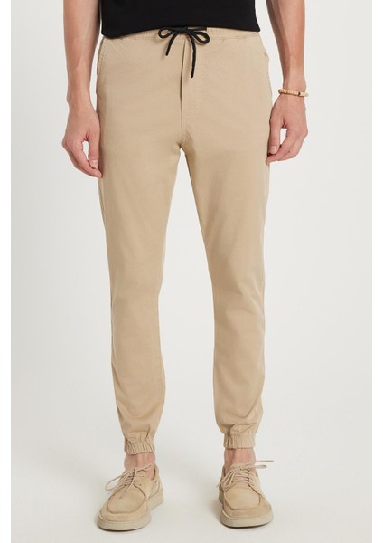 Erkek Slim Fit Dar Kesim Pamuklu Normal Bel Lastikli Paça Bej Renk Pantolon