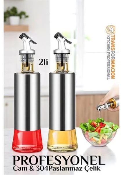 Modacar Yağ Sirke Şişesi Yağlık 304 Çelik ve Borosilikat Cam 2 Li Set
