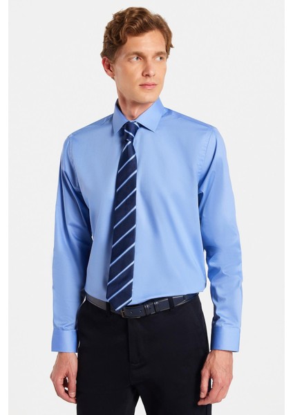 Erkek Regular Fit Mavi Non-Iron Pamuklu Doğa Dostu Ekoteks Belgeli Ütü Gerektirmez Gömlek