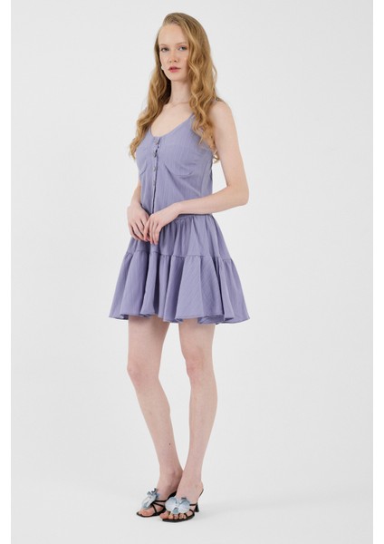 Lila Düğmeli Askılı Kat Etekli Mini Elbise 8042A