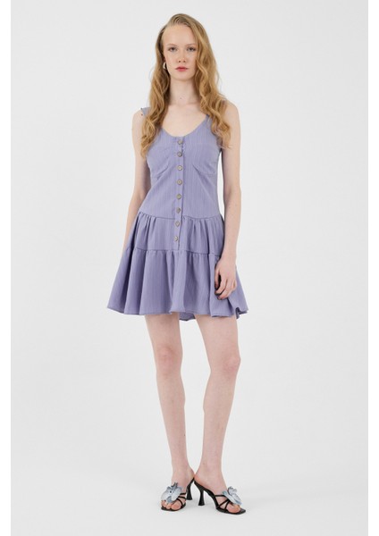 Lila Düğmeli Askılı Kat Etekli Mini Elbise 8042A fiyatları