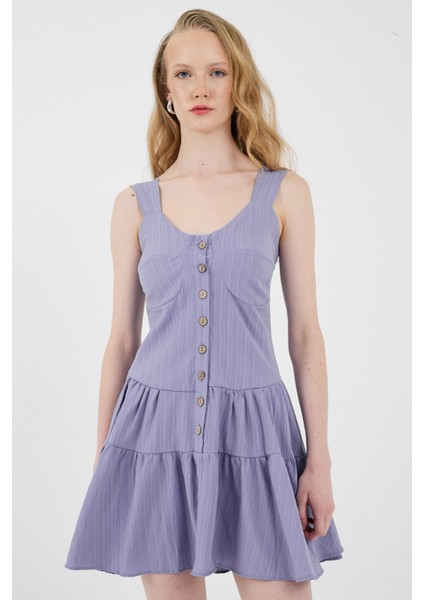 Lila Düğmeli Askılı Kat Etekli Mini Elbise 8042A modelleri