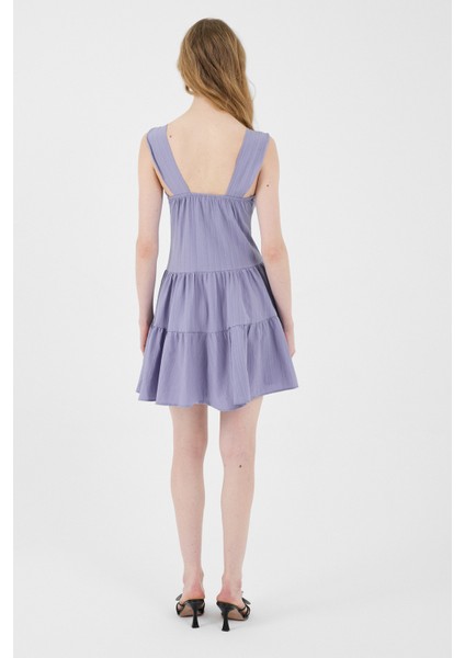 Lila Düğmeli Askılı Kat Etekli Mini Elbise 8042A indirimleri