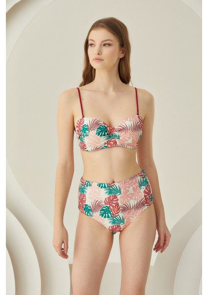 Renkli Soft Tropikal Straplez Yüksek Bel Bikini Takımı