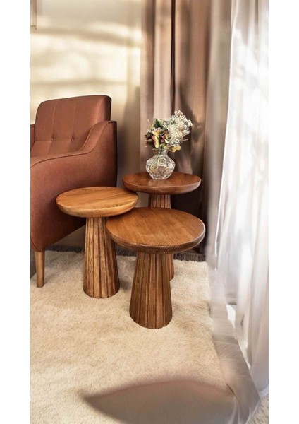 Dekoratif Ahşap Mantar Sehpa 3’lü Set – Masif Doğal Açık Ceviz Fiskos ve Zigon fiyatları