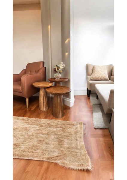 Dekoratif Ahşap Mantar Sehpa 3’lü Set – Masif Doğal Açık Ceviz Fiskos ve Zigon modelleri