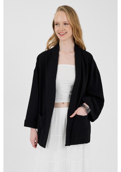 Siyah %100 Pamuk Cepli Müslin Kimono 8065A