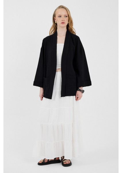 Siyah %100 Pamuk Cepli Müslin Kimono 8065A modelleri