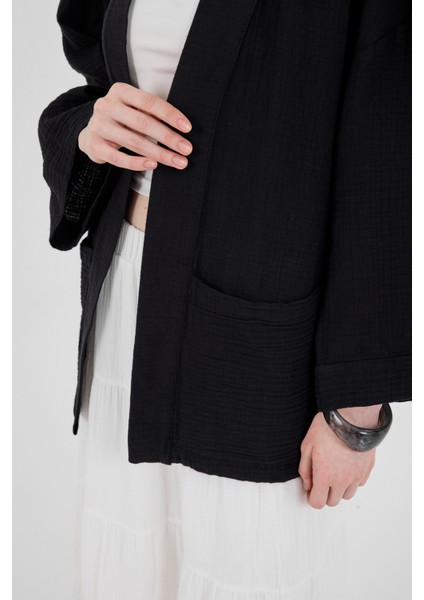 Siyah %100 Pamuk Cepli Müslin Kimono 8065A fırsatları