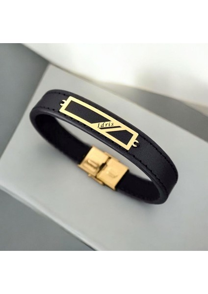 14 Ayar Altın Plakalı Idris Ismine Özel Siyah Derili Dikdörtgen Motifli Hediye BILEKLIK-446ISIM