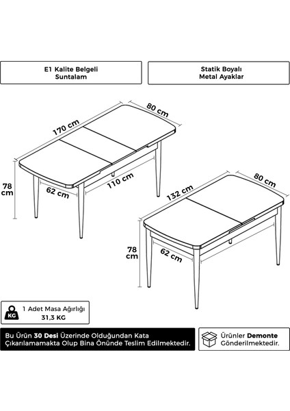 Exve Serisi 80X132 Açılabilir Ahşap Görünümlü Metal Mutfak Masası modelleri