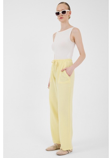 Tereyağ Sarısı Keten Görünümlü %100 Pamuk Cepli Bol Paça Pantolon 8054A
