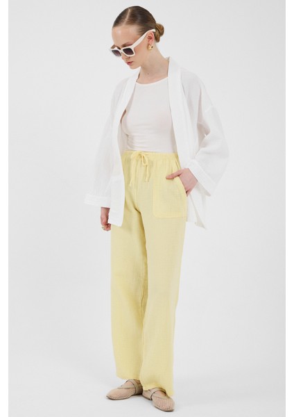 Tereyağ Sarısı Keten Görünümlü %100 Pamuk Cepli Bol Paça Pantolon 8054A fiyatları