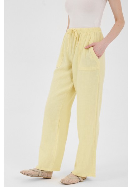 Tereyağ Sarısı Keten Görünümlü %100 Pamuk Cepli Bol Paça Pantolon 8054A modelleri