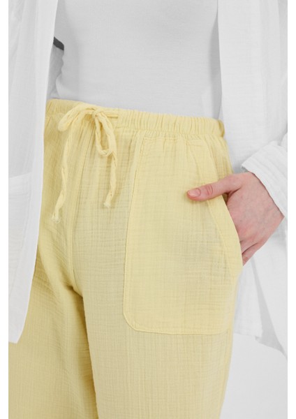 Tereyağ Sarısı Keten Görünümlü %100 Pamuk Cepli Bol Paça Pantolon 8054A fırsatları