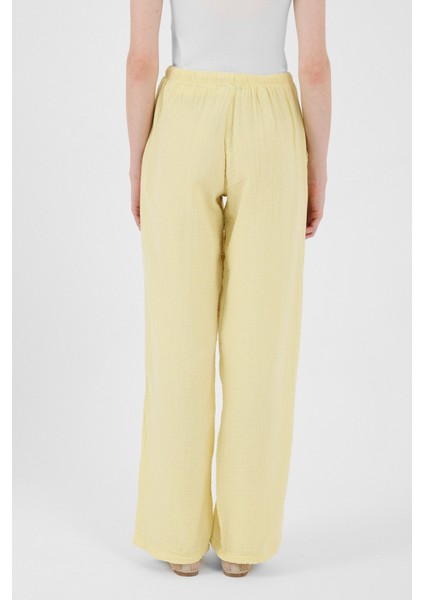 Tereyağ Sarısı Keten Görünümlü %100 Pamuk Cepli Bol Paça Pantolon 8054A indirimleri