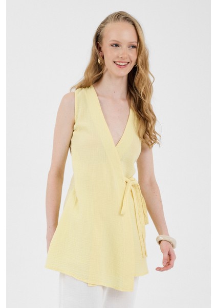 Sarı %100 Pamuk Müslin Yandan Bağlamalı Kuşaklı Yelek 8017A fiyatları