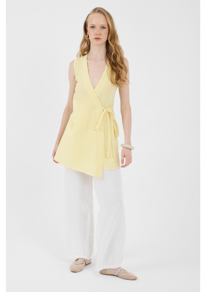 Sarı %100 Pamuk Müslin Yandan Bağlamalı Kuşaklı Yelek 8017A modelleri