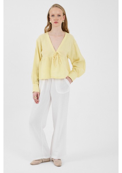 Beyaz Keten Görünümlü %100 Pamuk Cepli Bol Paça Pantolon 8054A