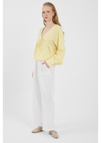 Beyaz Keten Görünümlü %100 Pamuk Cepli Bol Paça Pantolon 8054A fiyatları