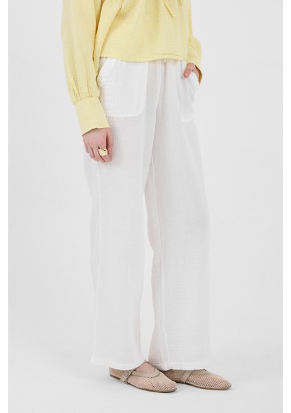 Beyaz Keten Görünümlü %100 Pamuk Cepli Bol Paça Pantolon 8054A modelleri