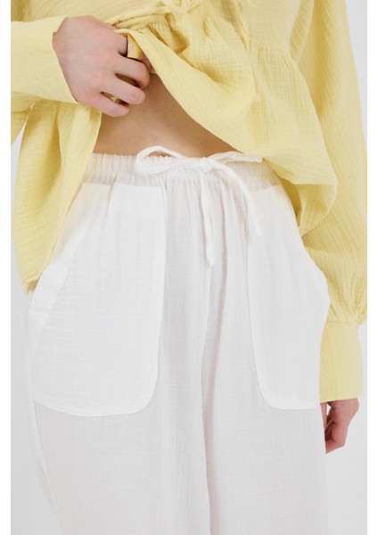 Beyaz Keten Görünümlü %100 Pamuk Cepli Bol Paça Pantolon 8054A fırsatları