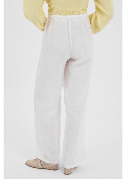 Beyaz Keten Görünümlü %100 Pamuk Cepli Bol Paça Pantolon 8054A indirimleri