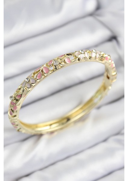 Mineli Pirinç Zirkon Taşlı Pembe Çiçek Motifli Gold Kadın Kelepçe