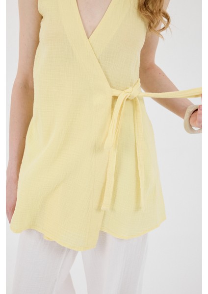 Sarı %100 Pamuk Müslin Yandan Bağlamalı Kuşaklı Yelek 8017A fırsatları