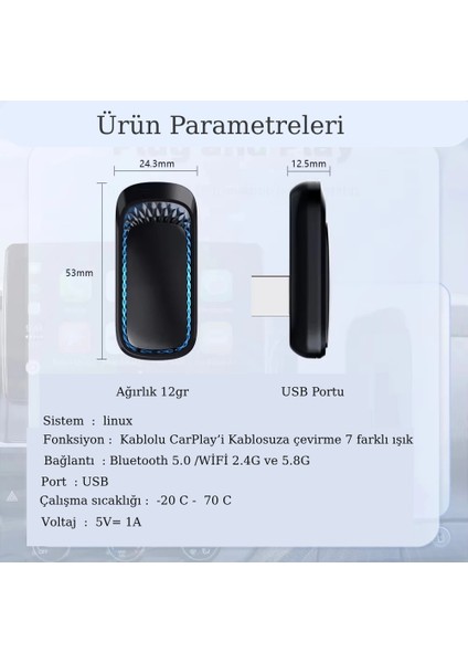 Kablosuz Araç Carplay Adaptörü Apple Car Play ve Android Car Play Cihazlar Için Multimedya