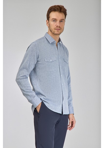 Regular Fit Spor Yaka Mavi Erkek Gömlek GMKTN3SP224007_D35 fırsatları