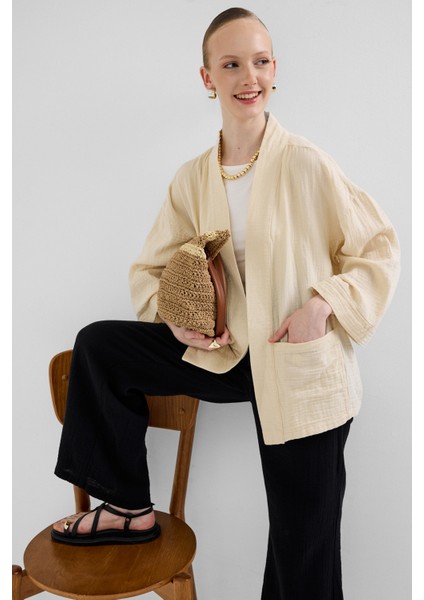 Taş %100 Pamuk Cepli Müslin Kimono 8065A