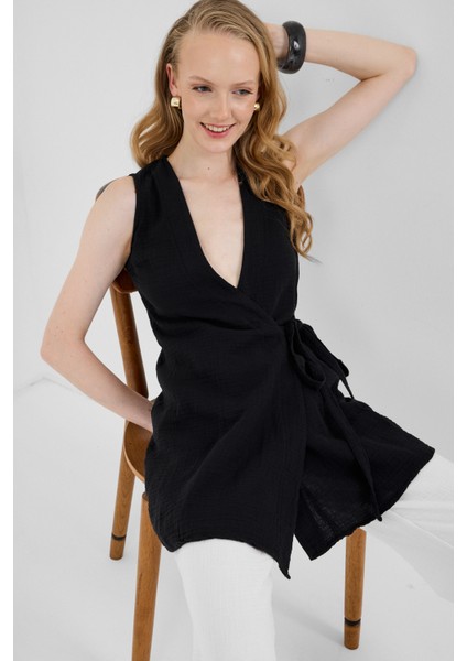 Siyah %100 Pamuk Müslin Yandan Bağlamalı Kuşaklı Yelek 8017A