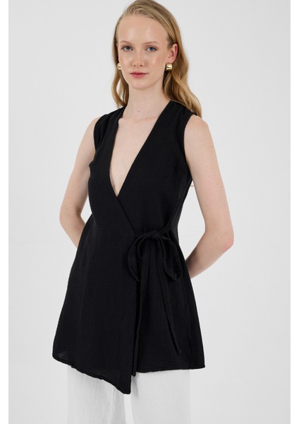 Siyah %100 Pamuk Müslin Yandan Bağlamalı Kuşaklı Yelek 8017A fiyatları