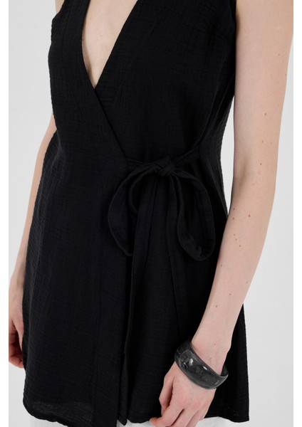 Siyah %100 Pamuk Müslin Yandan Bağlamalı Kuşaklı Yelek 8017A fırsatları