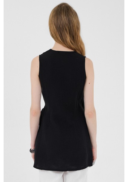 Siyah %100 Pamuk Müslin Yandan Bağlamalı Kuşaklı Yelek 8017A indirimleri